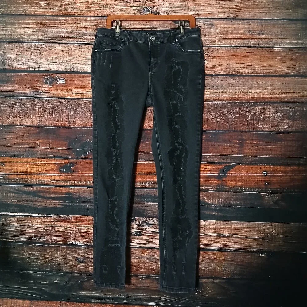Indigo Thread Co Jeans 10 Skinny Mid Rise Distressed Black Denim Stretch
